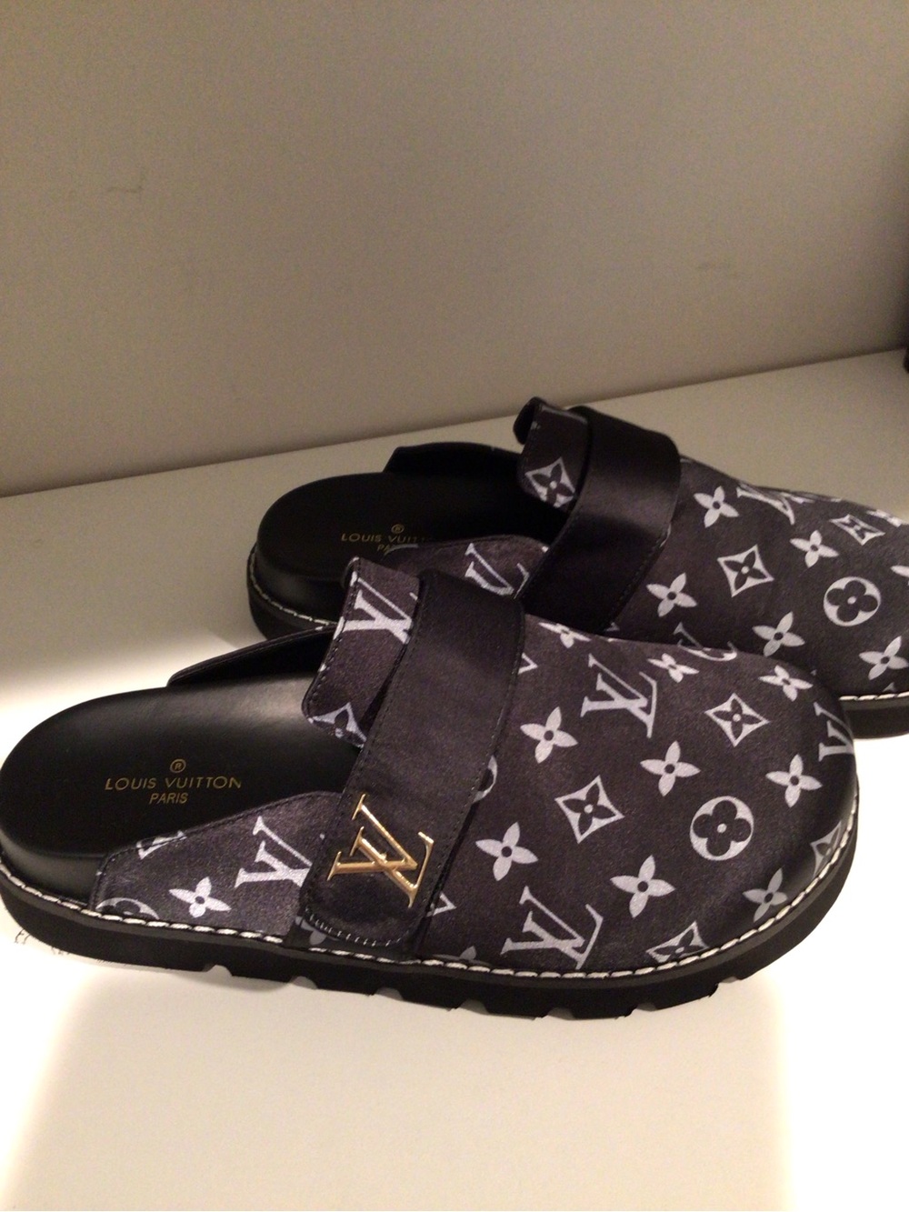 LV Black and White Monogram Slip-On Loafers with Gold Accent